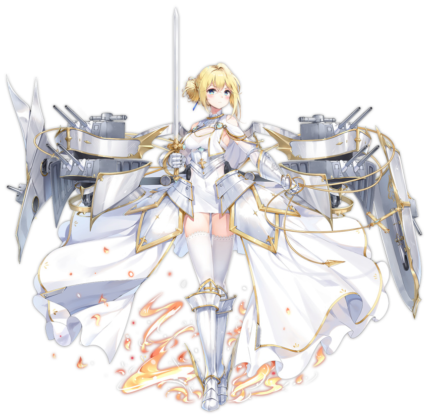 1girl armor artist_request azur_lane blonde_hair blue_eyes blush breasts closed_mouth eyebrows_visible_through_hair full_body hair_bun highres holding holding_sword holding_weapon jeanne_d'arc_(azur_lane) large_breasts looking_at_viewer official_art short_hair solo sword thigh-highs transparent_background weapon white_legwear