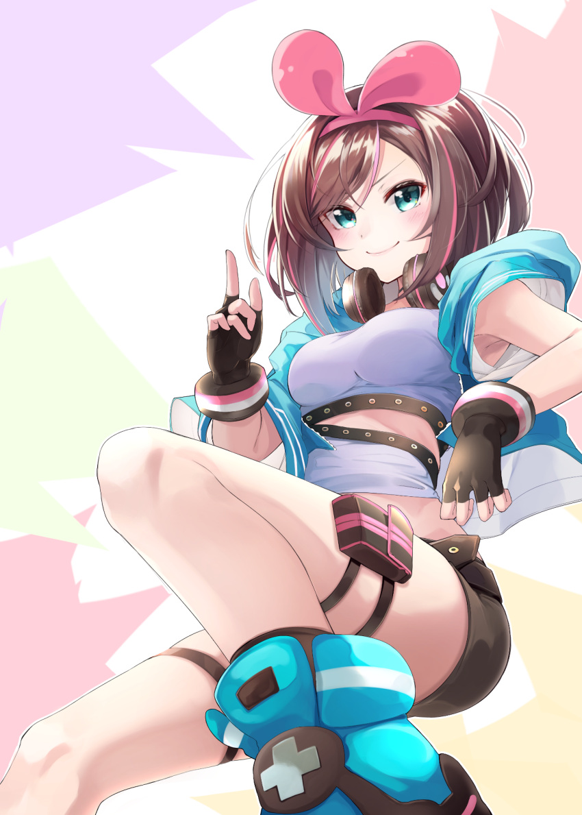 1girl a.i._channel black_gloves black_shorts blue_footwear blue_jacket blush breasts brown_hair closed_mouth commentary_request date_(mamanonamaebot) fingerless_gloves gloves hair_ribbon hairband hand_up headphones headphones_around_neck highres index_finger_raised jacket kizuna_ai looking_at_viewer medium_breasts multicolored_hair open_clothes open_jacket pink_hair pink_hairband pink_ribbon ribbon shirt shoes short_shorts short_sleeves shorts smile solo streaked_hair virtual_youtuber white_shirt