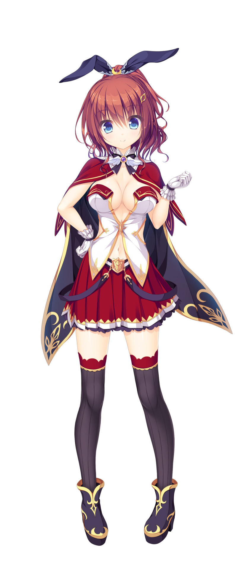 1girl absurdres animal_ears blue_eyes breasts capelet cleavage eyebrows_visible_through_hair fake_animal_ears forearm_at_chest full_body gloves hair_ornament hairclip hand_on_hip hatsujou_sprinkle highres large_breasts looking_at_viewer meidou_hazuki mikagami_mamizu navel official_art plaid plaid_skirt platform_footwear rabbit_ears redhead short_hair simple_background skirt smile solo thigh-highs white_background white_gloves