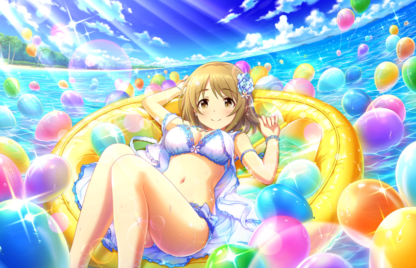 1girl balloons beach bikini blush brown_eyes brown_hair idolmaster idolmaster_cinderella_girls idolmaster_cinderella_girls_starlight_stage mimura_kanako short_hair smile