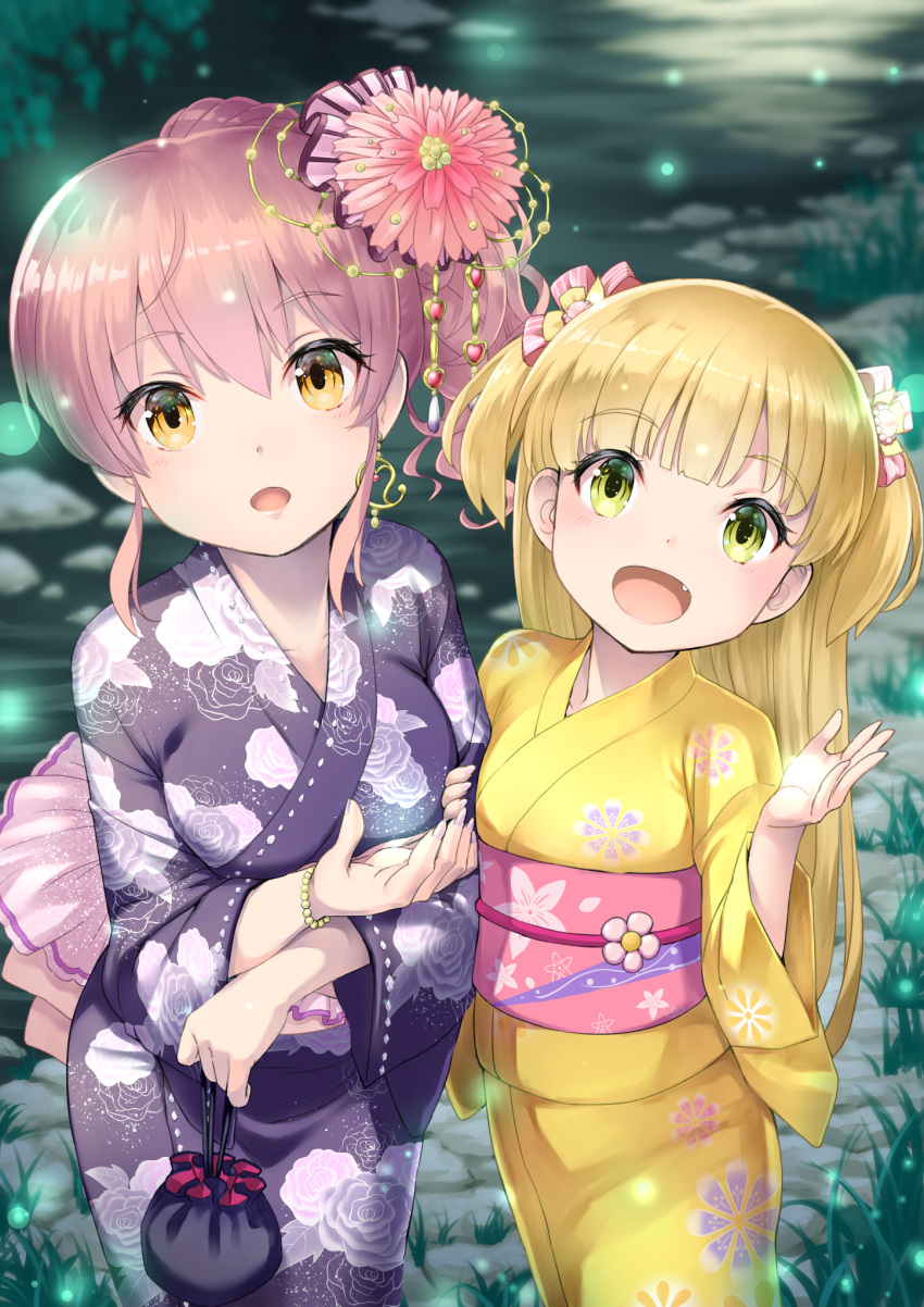 2girls blonde_hair bow bracelet commentary commentary_request day fingernails floral_print flower green_eyes hair_bow hair_flower hair_ornament highres holding idolmaster idolmaster_cinderella_girls japanese_clothes jewelry jougasaki_mika jougasaki_rika kimono long_hair long_sleeves multiple_girls nail_polish obi orange_eyes outdoors partial_commentary pink_bow pink_flower pink_hair pink_nails print_kimono purple_kimono revision rin2008 sash siblings side_ponytail sisters standing striped striped_bow two_side_up very_long_hair wide_sleeves yellow_kimono