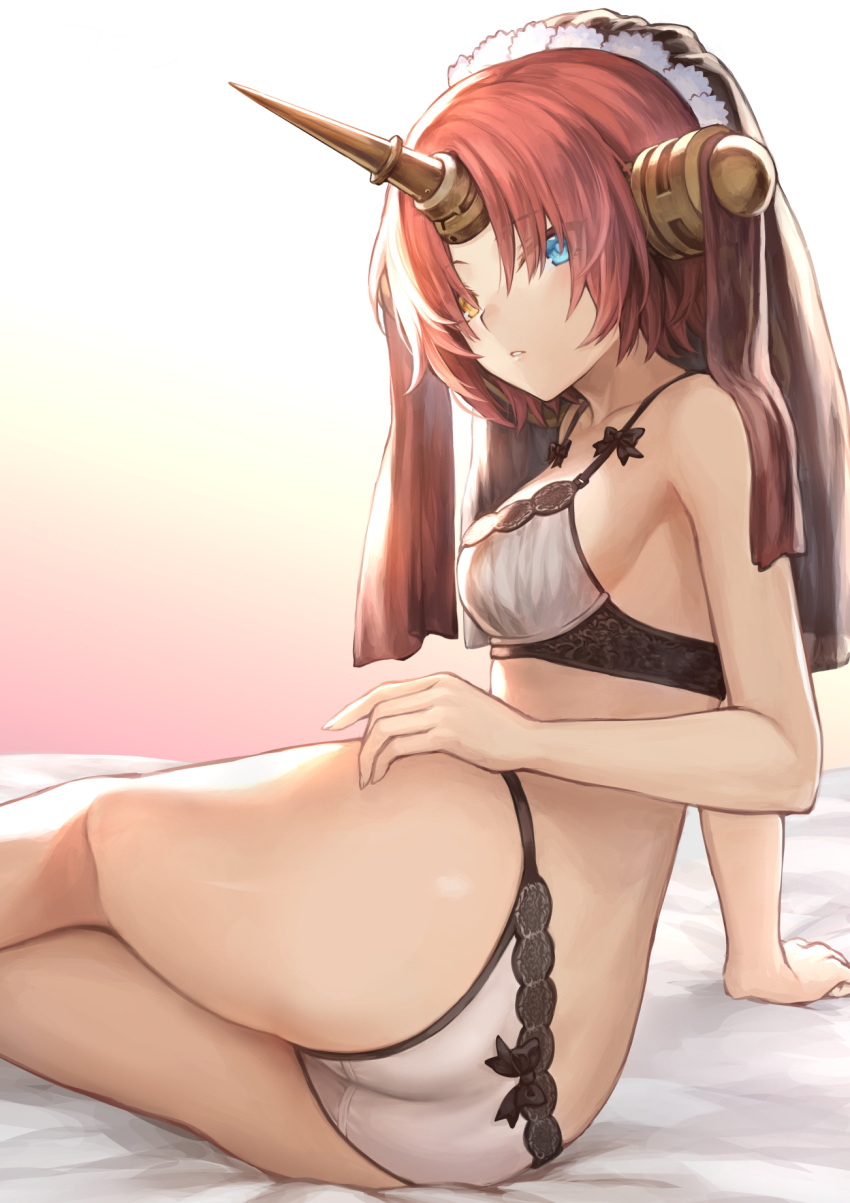 1girl artist_name ass bangs blue_eyes bra breasts brown_eyes commentary_request fate/apocrypha fate_(series) frankenstein's_monster_(fate) gradient gradient_background hair_over_eyes headgear heterochromia highres hips horn looking_at_viewer looking_to_the_side mashu_003 medium_breasts panties parted_bangs parted_lips pink_hair short_hair solo thighs underwear veil white_bra white_panties