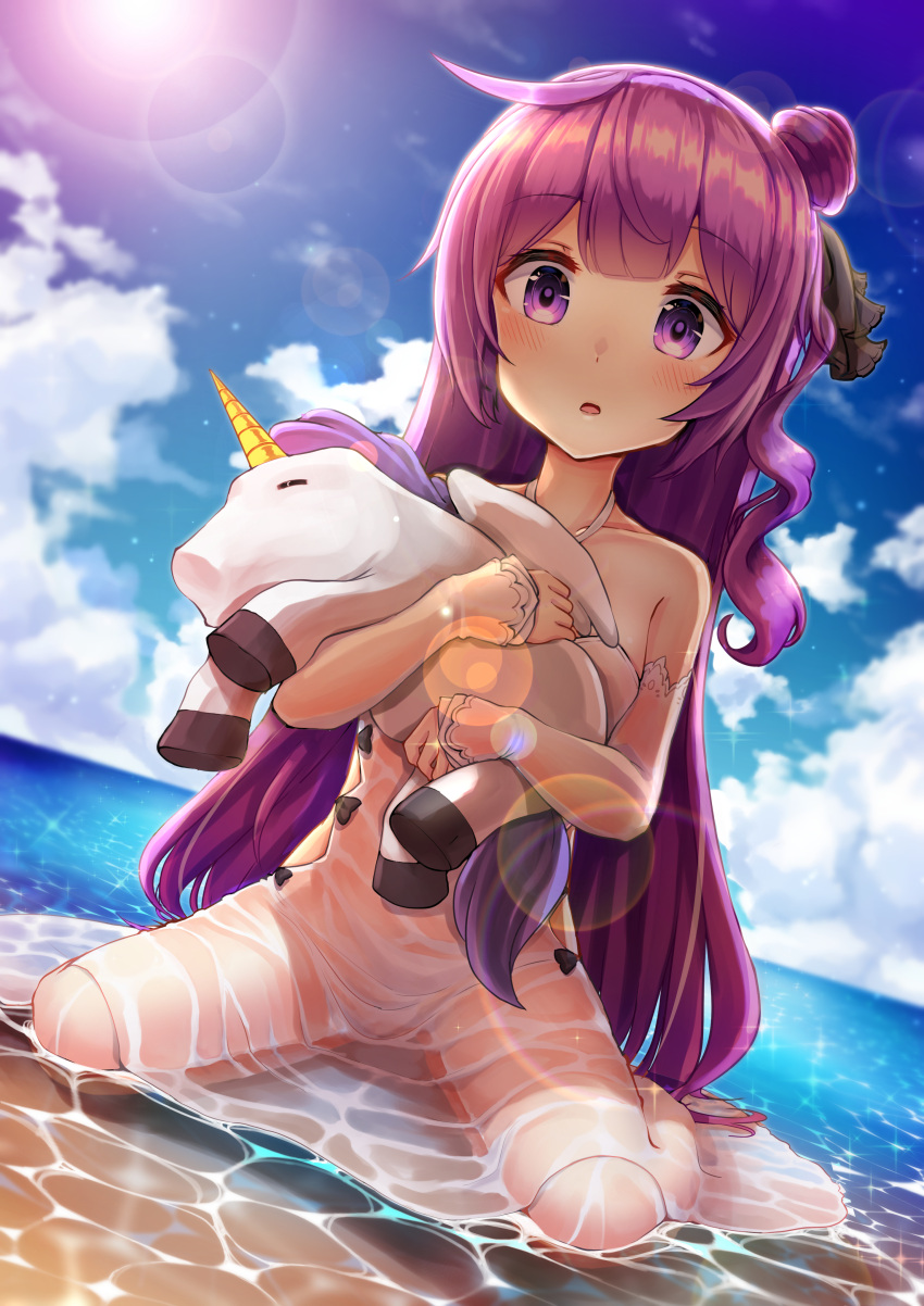 1girl absurdres azur_lane bangs bare_shoulders black_bow black_ribbon blue_sky blush bow clouds commentary day detached_sleeves dress dutch_angle english_commentary eyebrows_visible_through_hair gui_ss hair_bun hair_ribbon halterneck highres horizon long_hair long_sleeves looking_at_viewer object_hug ocean one_side_up outdoors parted_lips purple_hair revision ribbon see-through side_bun sitting sky sleeves_past_wrists solo stuffed_animal stuffed_pegasus stuffed_toy stuffed_unicorn unicorn_(azur_lane) very_long_hair violet_eyes wariza water wet wet_clothes wet_dress white_dress