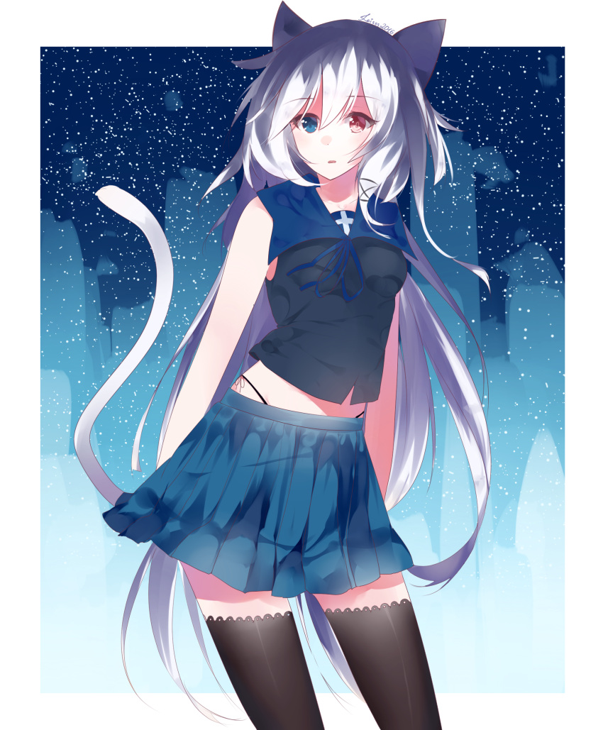 1girl 2016 animal_ears black_legwear black_panties black_shirt blue_eyes blue_ribbon blue_skirt brown_eyes cat_ears cat_tail eyebrows_visible_through_hair floating_hair hair_between_eyes heterochromia highres leisss long_hair midriff miniskirt neck_ribbon open_mouth original panties pleated_skirt ribbon shirt side-tie_panties silver_hair skirt sleeveless sleeveless_shirt solo standing tail thigh-highs underwear very_long_hair zettai_ryouiki