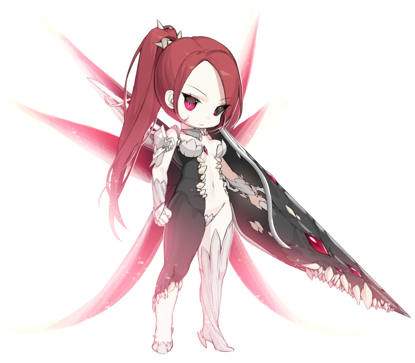 1girl absurdres asymmetrical_clothes bangs breasts closed_mouth crotch_plate eyebrows_visible_through_hair forehead grey_footwear grey_legwear groin head_tilt highres holding holding_weapon ia_(ias1010) long_hair looking_at_viewer navel original parted_bangs red_eyes red_wings redhead sidelocks single_pantsleg single_thigh_boot skin_tight small_breasts solo standing teeth vambraces very_long_hair weapon white_background wings
