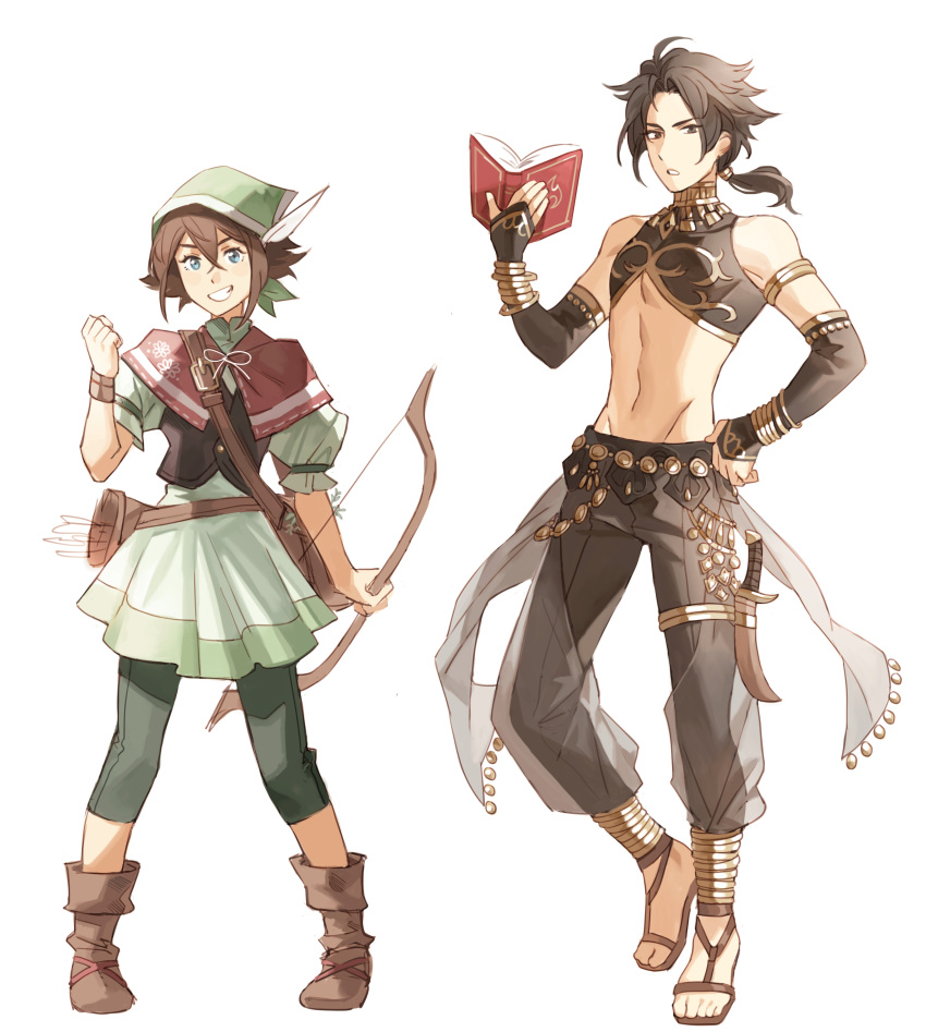 1boy 1girl absurdres crop_top cyrus_(octopath_traveler) full_body highres octopath_traveler simple_background tecchen tressa_(octopath_traveler) white_background