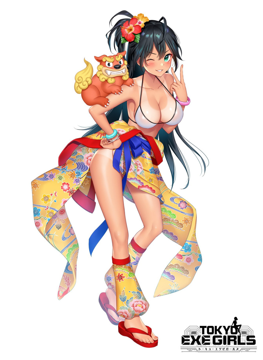 1girl bangs black_hair blush breasts cleavage collarbone commentary_request eyebrows_visible_through_hair flower green_eyes hair_flower hair_ornament hibiscus highres large_breasts logo looking_at_viewer official_art parted_lips shimashima08123 smile solo tan tanline tokyo_exe_girls