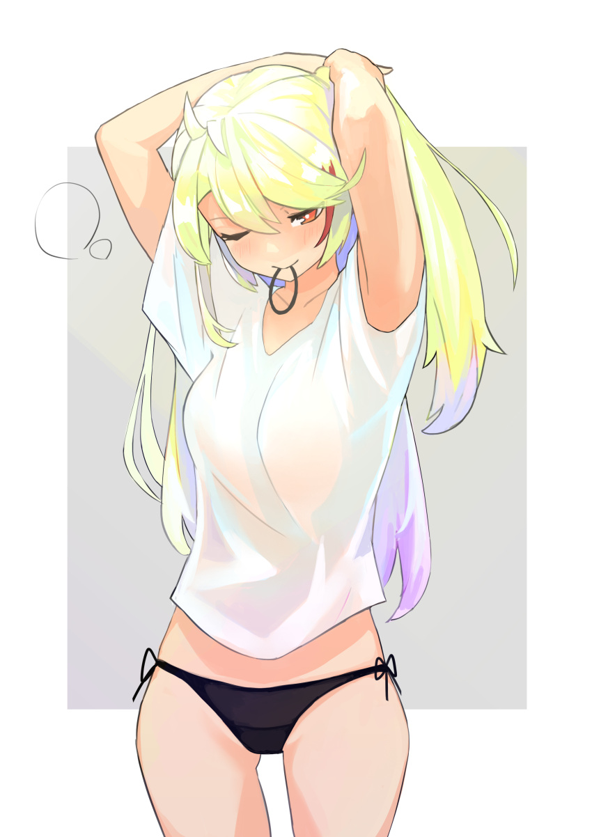1girl ;) absurdres ahoge alternate_hair_color ao_(1234painter) arms_up azur_lane bare_arms black_panties blonde_hair breasts bright_pupils closed_mouth collarbone cowboy_shot eyes_visible_through_hair gluteal_fold hair_between_eyes hair_down hair_tie highres legs_apart long_hair medium_breasts mouth_hold multicolored_hair one_eye_closed orange_eyes panties prinz_eugen_(azur_lane) purple_hair redhead shirt short_sleeves side-tie_panties smile solo straight_hair streaked_hair t-shirt tying_hair underwear white_pupils white_shirt