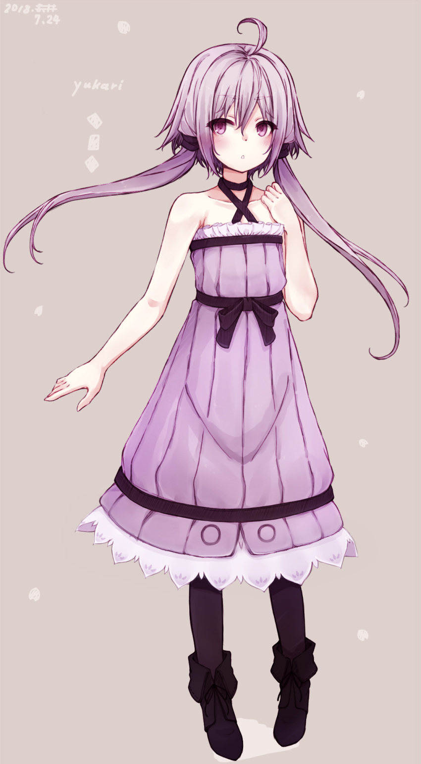 1girl 2018 :o ahoge ankle_boots bangs bare_arms bare_shoulders black_choker blush boots character_name choker collarbone dated dot_nose dress eyebrows_visible_through_hair full_body hachikuji hair_between_eyes halter_dress halterneck highres long_hair low_twintails purple_dress purple_footwear purple_hair purple_legwear solo twintails violet_eyes vocaloid voiceroid yuzuki_yukari