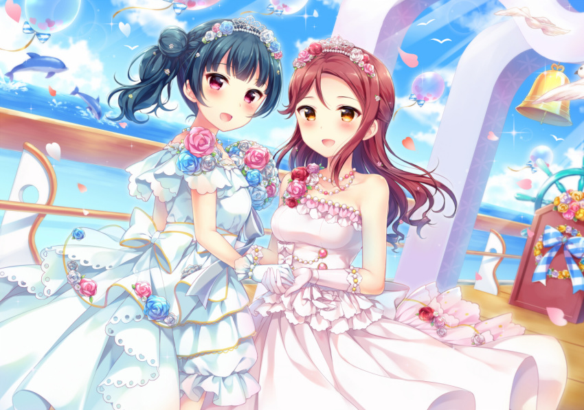 2girls alternate_hairstyle arch back_bow bangs bell blue_eyes blue_flower blush bouquet bow bubble commentary_request corsage cover cover_page day dolphin doujin_cover dress elbow_gloves flower frilled_gloves frills gloves hair_flower hair_ornament half_updo hand_holding hazuki_(sutasuta) highres jewelry long_hair looking_at_viewer looking_back love_live! love_live!_sunshine!! multiple_girls necklace ocean orange_eyes outdoors pink_dress pink_flower pink_gloves redhead sakurauchi_riko ship's_wheel side_bun side_ponytail sparkle tiara tsushima_yoshiko violet_eyes wedding wedding_dress white_dress wife_and_wife yuri