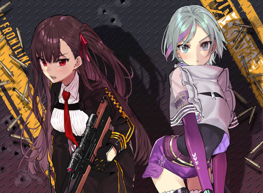 2girls bangs black_gloves black_jacket black_skirt blazer blue_hair blush brown_hair bullet bullpup commentary_request copyright_name detached_sleeves eyebrows_visible_through_hair girls_frontline gloves grey_eyes gun hair_between_eyes hair_ribbon highres holding holding_gun holding_weapon jacket long_hair long_sleeves looking_at_viewer multicolored_hair multiple_girls necktie one_side_up open_blazer open_clothes open_jacket open_mouth parted_lips purple_hair purple_shorts red_eyes red_neckwear red_ribbon ribbon rifle see-through shirt short_hair short_shorts short_sleeves shorts sidelocks skirt sniper_rifle streaked_hair teshima_nari thompson/center_contender_(girls_frontline) v-shaped_eyebrows very_long_hair wa2000_(girls_frontline) walther walther_wa_2000 weapon white_shirt