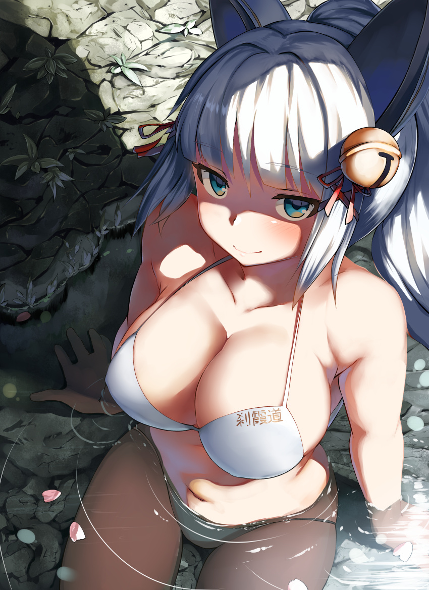 1girl absurdres animal_ears aqua_eyes arm_support bell bikini blush breasts cherry_blossoms cleavage collarbone eyebrows_visible_through_hair fanbox_reward hair_ornament halterneck highres hisame_shakadou huge_filesize jingle_bell kanpani_girls large_breasts lolicept long_hair looking_at_viewer navel paid_reward partially_submerged petals ponytail silver_hair sitting smile solo swimsuit water white_bikini x_hair_ornament