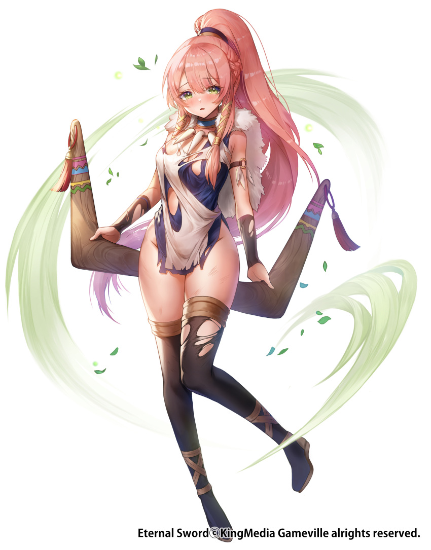 1girl absurdres apple_caramel blush boomerang breasts brown_legwear copyright_request dual_wielding eternal_sword green_eyes hair_ribbon highres holding jewelry looking_at_viewer medium_breasts necklace o-ring official_art pink_hair ribbon scratches standing thigh-highs torn_clothes torn_legwear white_background