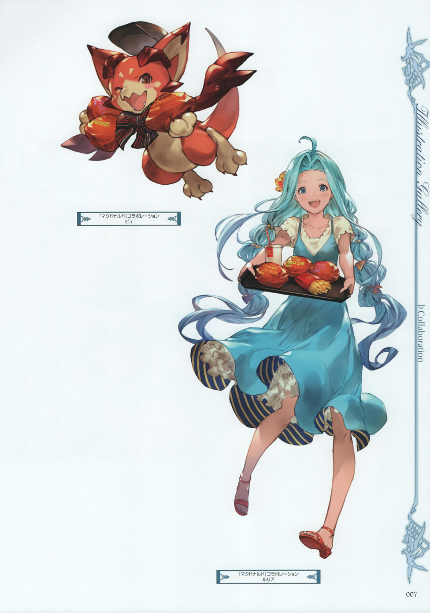 1girl absurdres bangs blonde_hair blue_eyes collarbone dragon dress flower food granblue_fantasy hair_flower hair_ornament hamburger highres holding looking_at_viewer lyria_(granblue_fantasy) minaba_hideo official_art one_eye_closed open_mouth open_toe_shoes page_number parted_bangs scan short_sleeves simple_background smile vee_(granblue_fantasy)