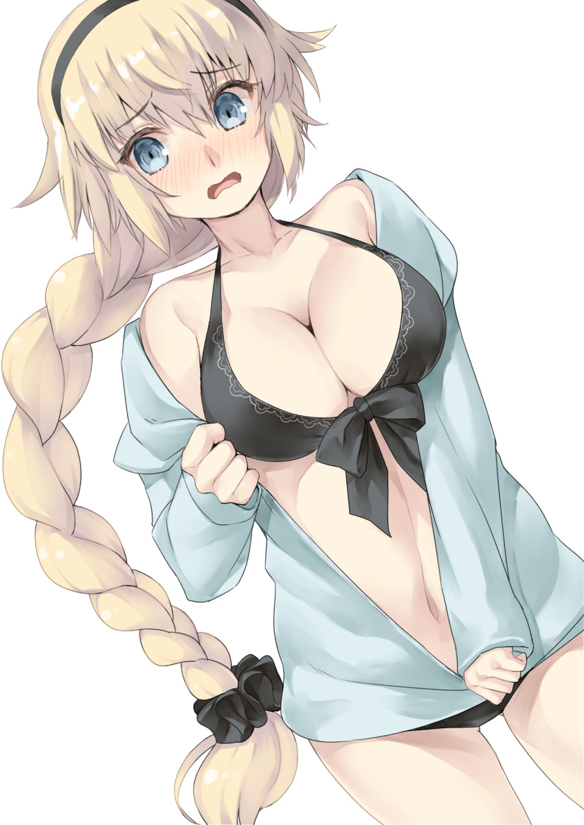 1girl bangs bare_shoulders bikini black_bikini black_hairband black_scrunchie blonde_hair blue_eyes blue_jacket blush braid breasts cleavage commentary_request eyebrows_visible_through_hair fate/apocrypha fate/grand_order fate_(series) gluteal_fold hair_between_eyes hair_ornament hair_scrunchie hairband highres jacket jeanne_d'arc_(fate) jeanne_d'arc_(fate)_(all) large_breasts long_hair long_sleeves navel nose_blush off_shoulder open_clothes open_jacket open_mouth rin2008 scrunchie sleeves_past_wrists solo swimsuit very_long_hair