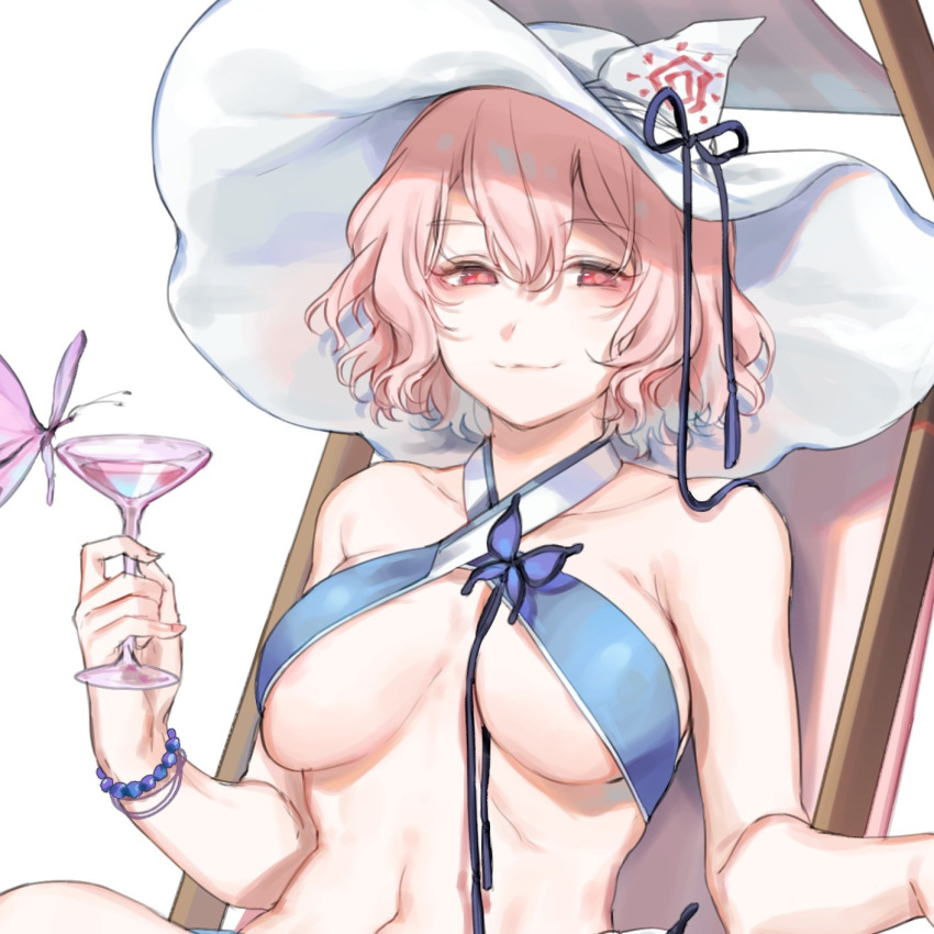 1girl :3 alternate_costume beach_chair blush breasts bug butterfly cocktail_glass cup drinking_glass eyebrows_visible_through_hair hair_between_eyes hat highres insect large_breasts looking_at_viewer navel pink_eyes pink_hair saigyouji_yuyuko shan short_hair smile solo swimsuit touhou upper_body white_background