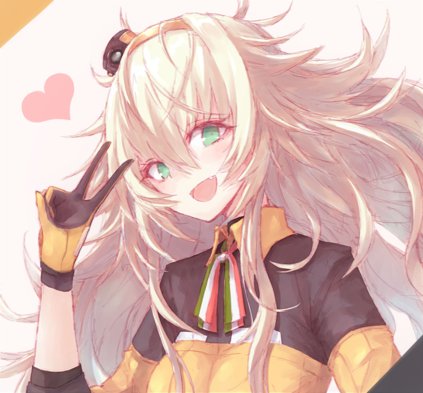 1girl :d arm_up bangs black_shirt blonde_hair blush buran_(kure) collared_shirt commentary_request eyebrows_visible_through_hair fang girls_frontline gloves green_eyes hair_between_eyes hair_ornament hairband head_tilt heart highres long_hair long_sleeves looking_at_viewer messy_hair open_mouth orange_gloves orange_hairband s.a.t.8_(girls_frontline) shirt smile solo v very_long_hair