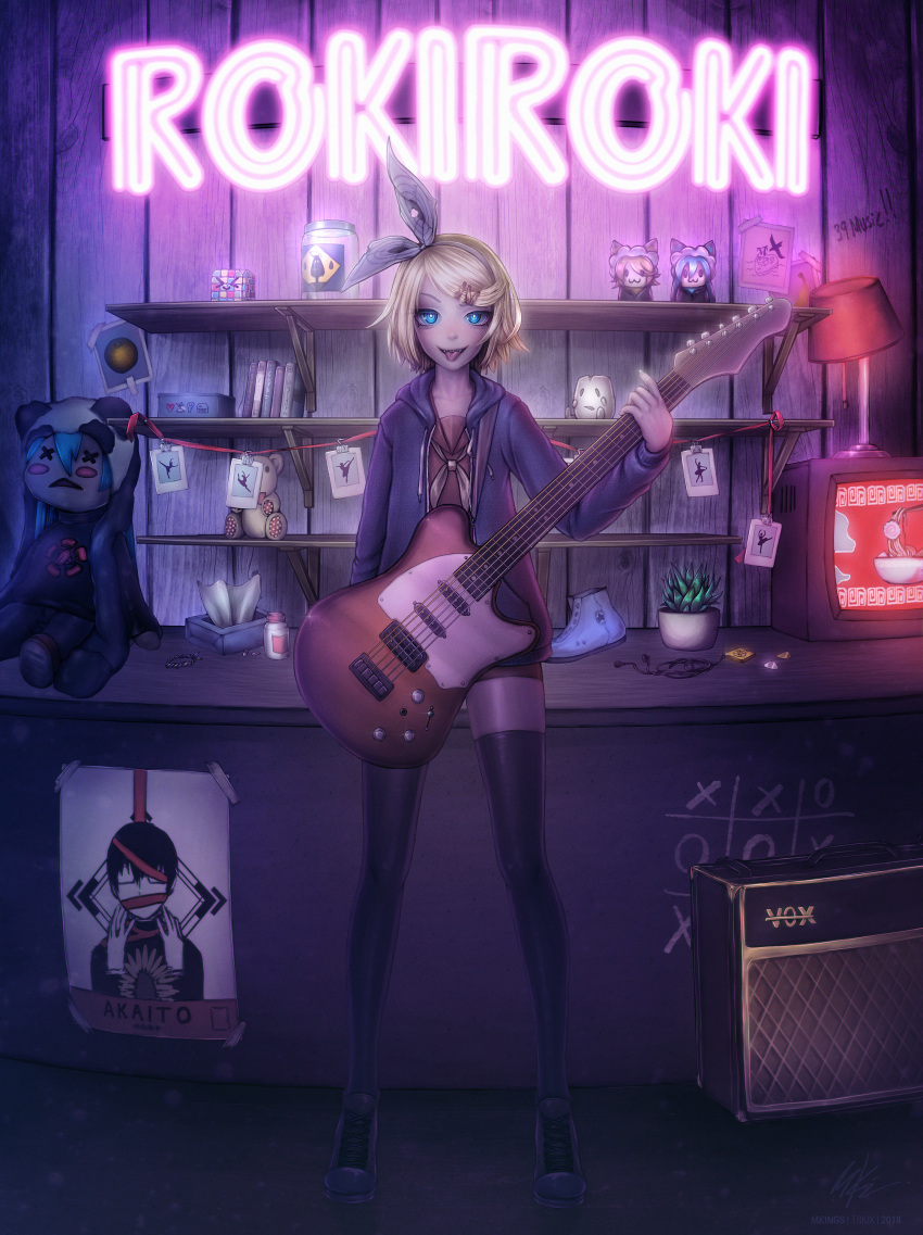 &gt;_&lt; 1girl :3 absurdres amplifier artist_name black_footwear black_legwear blue_eyes blush_stickers book bottle bowl cross-laced_footwear earphones earphones electric_guitar english food guitar hatsune_miku highres hood hoodie instrument jar kagamine_rin kamaboko lamp long_sleeves narutomaki neon_lights noodles number open_clothes open_hoodie plant plectrum poster potted_plant ramen rubik's_cube shelf shoes shorts sign signature solo sparkle standing stuffed_animal stuffed_toy teddy_bear television thigh-highs tissue tissue_box tsiox vocaloid x_x zettai_ryouiki