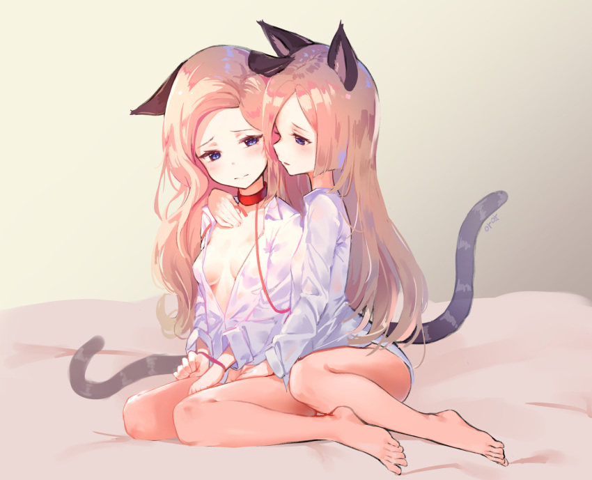 2girls aak animal_ears barefoot blade_&amp;_soul blonde_hair blue_eyes blush bottomless bound bound_wrists breasts brown_hair cat_ears cat_tail choker dress_shirt face-to-face hand_on_another's_thigh highres hug long_hair lyn_(blade_&amp;_soul) multiple_girls no_bra open_clothes open_shirt shirt small_breasts tail toes unbuttoned white_shirt yuri