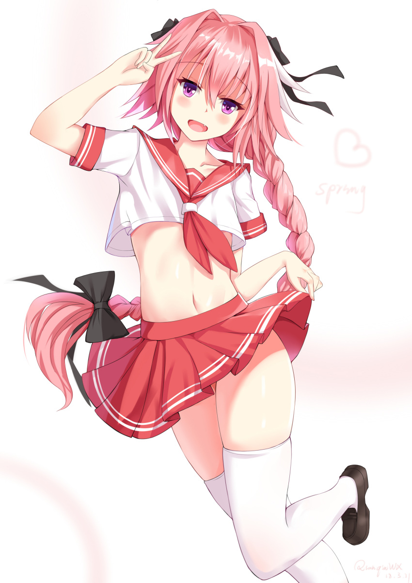 1boy :d absurdres arm_up astolfo_(fate) bangs black_bow black_footwear black_ribbon blush bow braid chinese_commentary collarbone commentary_request crop_top dated english eyebrows_visible_through_hair fang fate/apocrypha fate_(series) floating_hair hair_between_eyes hair_bow hair_intakes hair_ribbon head_tilt heart highres leg_up loafers long_hair looking_at_viewer male_focus medium_skirt midriff multicolored_hair navel neckerchief open_mouth pink_hair pleated_skirt qianqiu_wanxia red_neckwear red_sailor_collar red_skirt ribbon sailor_collar shiny shiny_hair shiny_skin shoes short_sleeves sidelocks signature single_braid skirt skirt_hold smile solo standing standing_on_one_leg stomach streaked_hair thigh-highs trap v very_long_hair violet_eyes white_background white_hair white_legwear