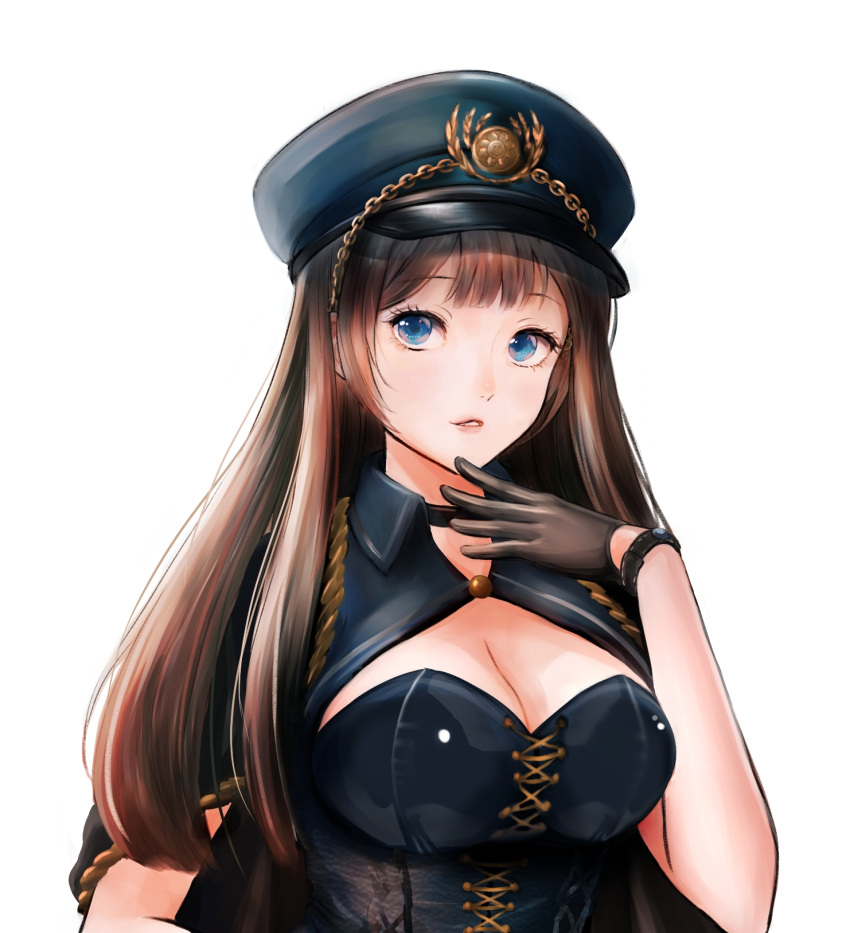 1girl black_gloves black_hat blue_eyes breasts brown_hair choker cleavage cleavage_cutout gloves hat highres large_breasts long_hair looking_at_viewer melynx_(user_aot2846) open_mouth original simple_background solo upper_body watch watch white_background