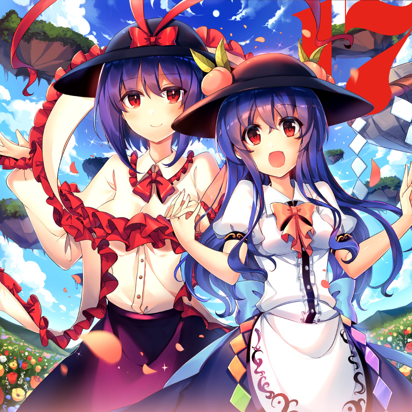 2girls black_hat blouse blue_flower blue_hair blue_skirt blue_sky blush bow bowtie breasts capelet center_frills clouds cowboy_shot day eyebrows_visible_through_hair field floating_island flower flower_field food frilled_capelet frilled_shawl frilled_shirt_collar frills fruit hair_between_eyes hand_holding hand_up hands_up hat hat_bow highres hinanawi_tenshi interlocked_fingers kirero leaf long_hair long_sleeves looking_at_viewer medium_breasts multiple_girls nagae_iku open_mouth orange_flower orange_rose outdoors peach petals pink_bow pink_neckwear puffy_short_sleeves puffy_sleeves purple_hair purple_skirt red_bow red_eyes red_flower red_neckwear red_rose rose shawl shirt short_hair short_sleeves sidelocks skirt sky smile sparkle standing touhou very_long_hair white_blouse white_flower white_rose white_shirt wing_collar yellow_flower yellow_rose