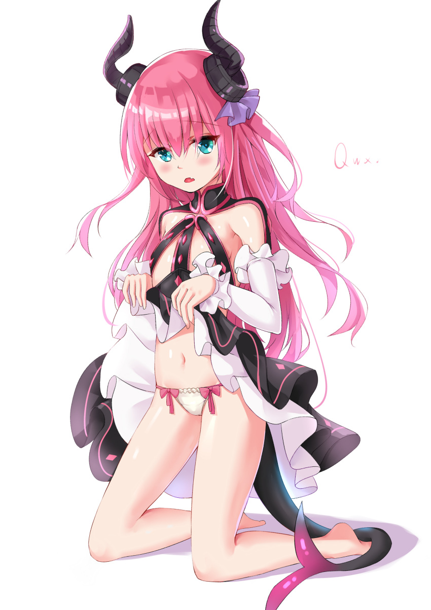 1girl absurdres armpit_crease bangs bare_legs barefoot black_skirt blue_eyes blush bow bow_panties curled_horns detached_sleeves dragon_horns dragon_tail elizabeth_bathory_(fate) elizabeth_bathory_(fate)_(all) eyebrows_visible_through_hair fang fate/extra fate/extra_ccc fate_(series) flat_chest full_body hair_between_eyes hair_ornament head_tilt highres horns kneeling long_hair looking_at_viewer navel open_mouth panties pink_bow pink_hair qianqiu_wanxia shiny shiny_hair shiny_skin sidelocks signature simple_background skirt skirt_lift solo stomach tail turtleneck two_side_up underwear white_background white_panties