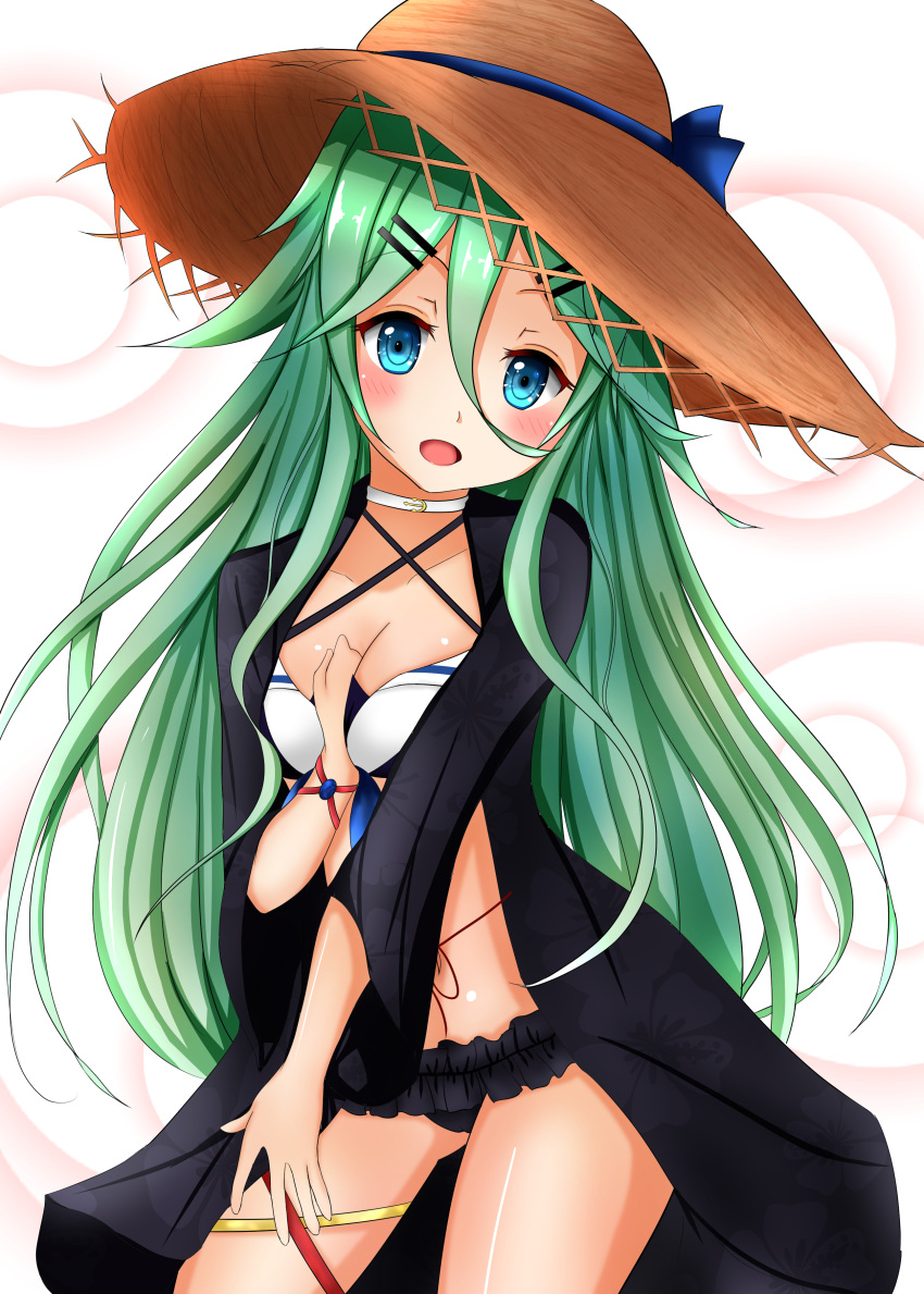 1girl absurdres adapted_costume armlet between_breasts bikini black_bikini blue_ribbon breasts furisode green_hair hair_between_eyes hair_flaps hair_ornament hairclip hat highres japanese_clothes kantai_collection kimono long_hair looking_at_viewer medium_breasts minato_1690 open_mouth ponytail ribbon smile solo straw_hat sun_hat swimsuit yamakaze_(kantai_collection)
