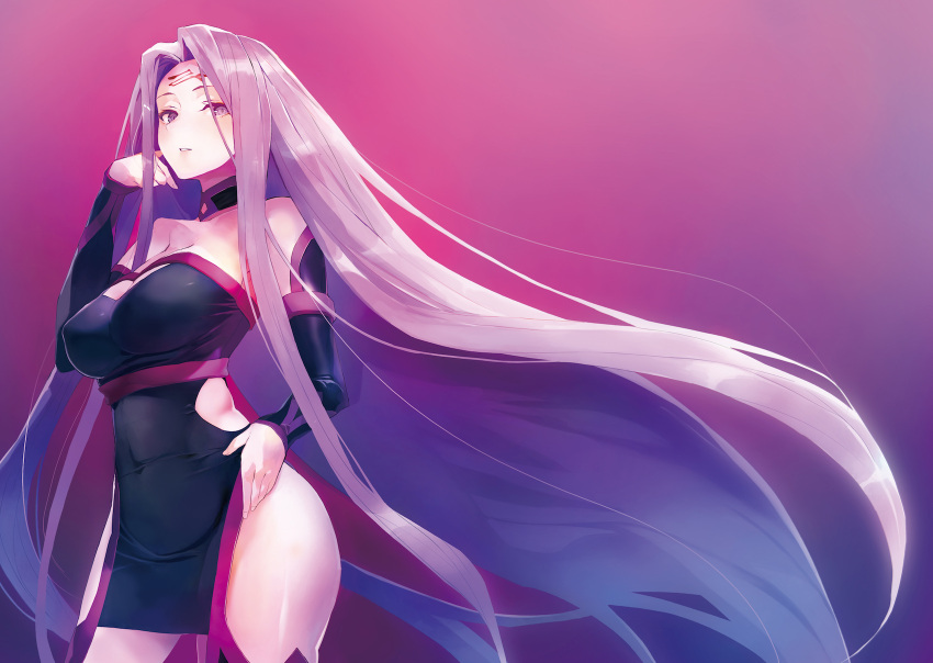 blush boots collar commentary_request dress facial_mark fate/grand_order fate/stay_night fate_(series) forehead_mark highres long_hair purple_hair rider sleeveless strapless strapless_dress taishi_(picchiridou) thigh-highs thigh_boots very_long_hair