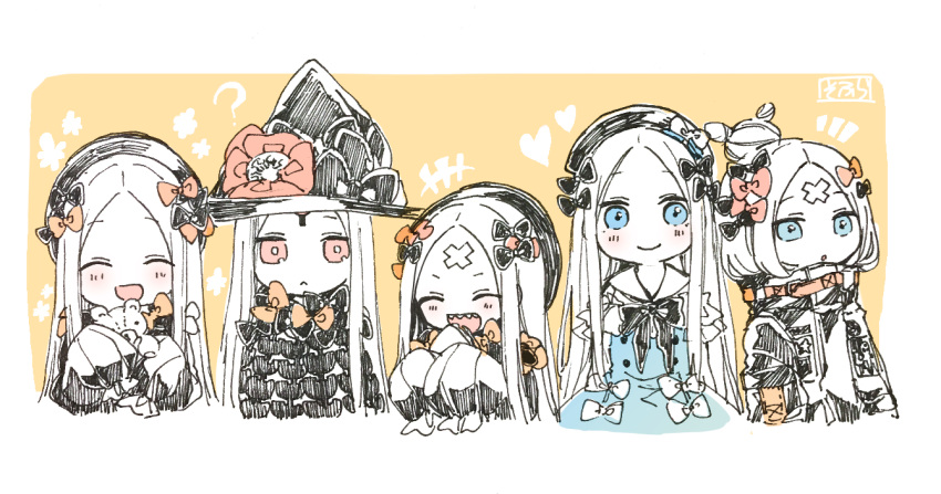 +++ 5girls :&lt; :d ? ^_^ abigail_williams_(fate/grand_order) bangs blue_dress blue_eyes blush bow closed_eyes closed_eyes closed_mouth dress eyebrows_visible_through_hair facing_viewer fate/grand_order fate_(series) food forehead hair_bun hat holding holding_food holding_stuffed_animal jacket long_hair looking_at_viewer multiple_girls multiple_persona open_mouth orange_bow parted_bangs red_eyes revealing_clothes sandwich sharp_teeth smile stuffed_animal stuffed_toy teddy_bear teeth traditional_media very_long_hair witch_hat