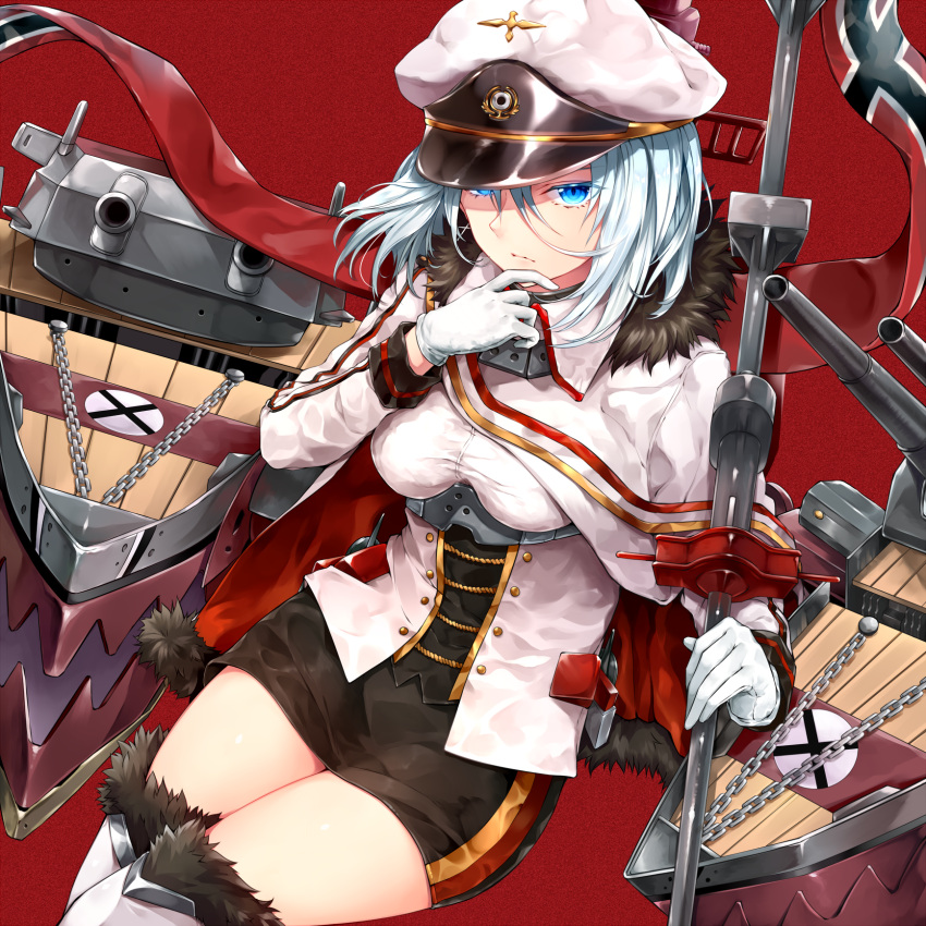 1girl azur_lane banner blue_eyes breasts cannon cleavage cross cross_earrings earrings eyebrows_visible_through_hair fur-trimmed_boots fur_trim gloves hair_between_eyes hat highres holding holding_pole jewelry large_breasts long_hair looking_at_viewer machinery military military_uniform norwegian_flag peaked_cap rigging short_hair silver_hair sitting solo sukemyon thighs tirpitz_(azur_lane) turret uniform white_gloves