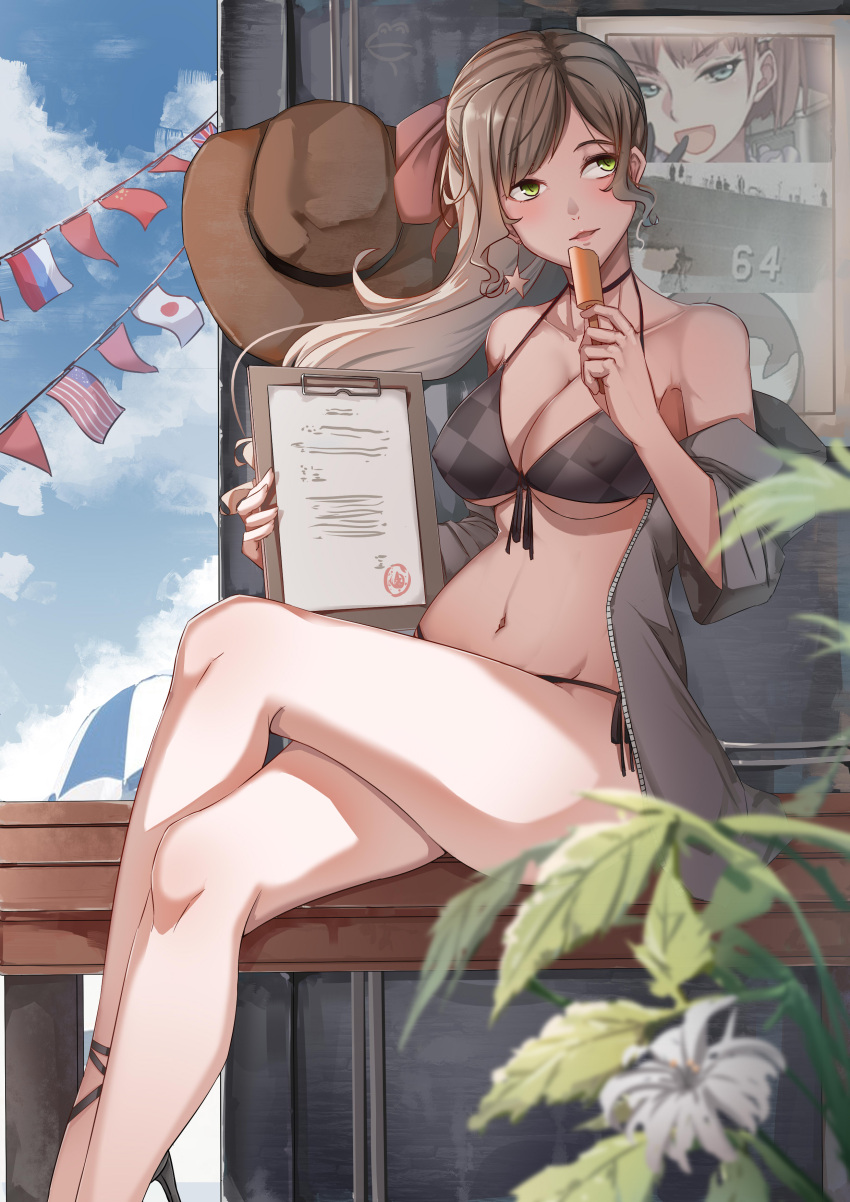 1girl absurdres bare_shoulders bikini blonde_hair checkered checkered_bikini checkered_bikini_top clipboard clouds commentary_request earrings food green_eyes hat highres holding holding_clipboard jacket_on_shoulders jewelry legs legs_crossed missouri_(zhan_jian_shao_nyu) outdoors pixiv_id_12457925 popsicle side-tie_bikini signal_flag sky solo strappy_heels swimsuit wavy_hair wisconsin_(zhan_jian_shao_nyu) zhan_jian_shao_nyu
