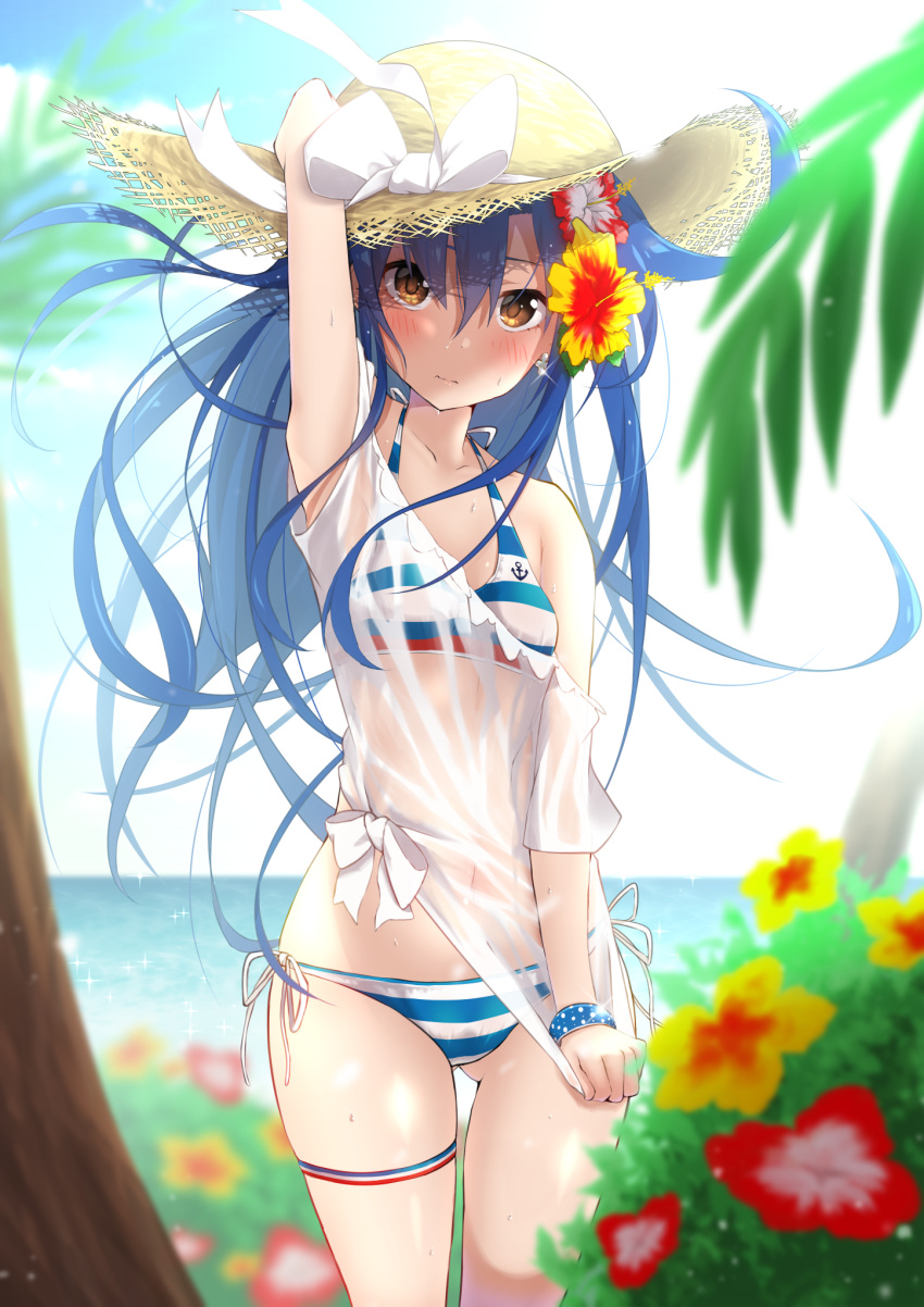 1girl bikini blue_hair blurry blush breasts depth_of_field flower gluteal_fold hair_flower hair_ornament hat highres holding holding_hat idolmaster kisaragi_chihaya long_hair ocean sarujie_(broken_monky) shirt_pull side-tie_bikini skindentation small_breasts solo straw_hat striped striped_bikini swimsuit swimsuit_under_clothes thighs very_long_hair