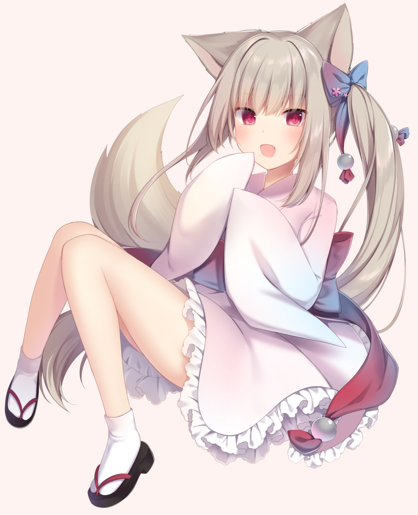 1girl :d amashiro_natsuki animal_ears bow commentary_request eyebrows_visible_through_hair fang fox_ears fox_tail frilled_kimono frills full_body hair_bow highres japanese_clothes kimono long_hair open_mouth original red_eyes sash short_kimono side_ponytail silver_hair smile tail wide_sleeves