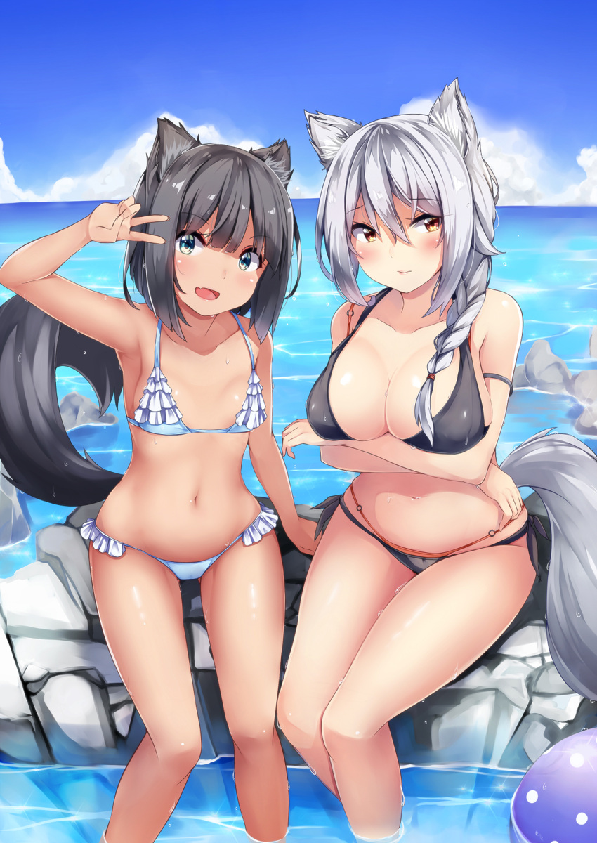 2girls :d animal_ears arm_support arm_up bangs bare_arms bare_shoulders bikini black_bikini black_hair blue_bikini blue_sky blush braid breasts brown_eyes cleavage closed_mouth clouds collarbone commentary day eyebrows_visible_through_hair green_eyes hair_between_eyes halter_top halterneck head_tilt highres horizon irohasu large_breasts long_hair looking_at_viewer multiple_girls navel o-ring o-ring_bikini o-ring_bottom ocean open_mouth original outdoors revision side_braid silver_hair single_braid sitting sky small_breasts smile soaking_feet swimsuit tail v water wet