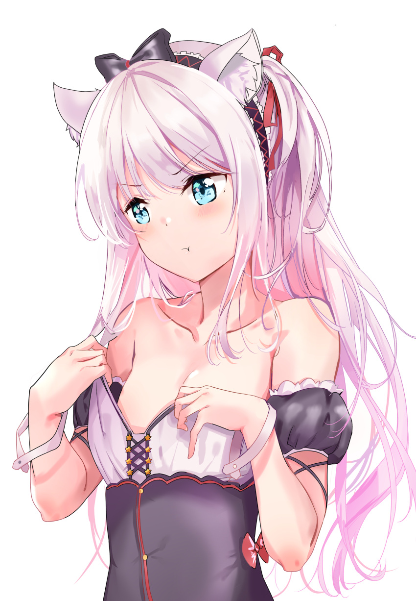 1girl :t absurdres animal_ears azur_lane bangs bare_shoulders black_bow black_dress blue_eyes blush bow breasts cat_ears closed_mouth collarbone detached_sleeves dress eyebrows_visible_through_hair hair_bow hair_ribbon hammann_(azur_lane) head_tilt highres long_hair looking_away one_side_up pout puffy_short_sleeves puffy_sleeves red_bow red_ribbon ribbon short_sleeves silver_hair simple_background small_breasts solo strapless strapless_dress sunhyun very_long_hair white_background wrist_cuffs