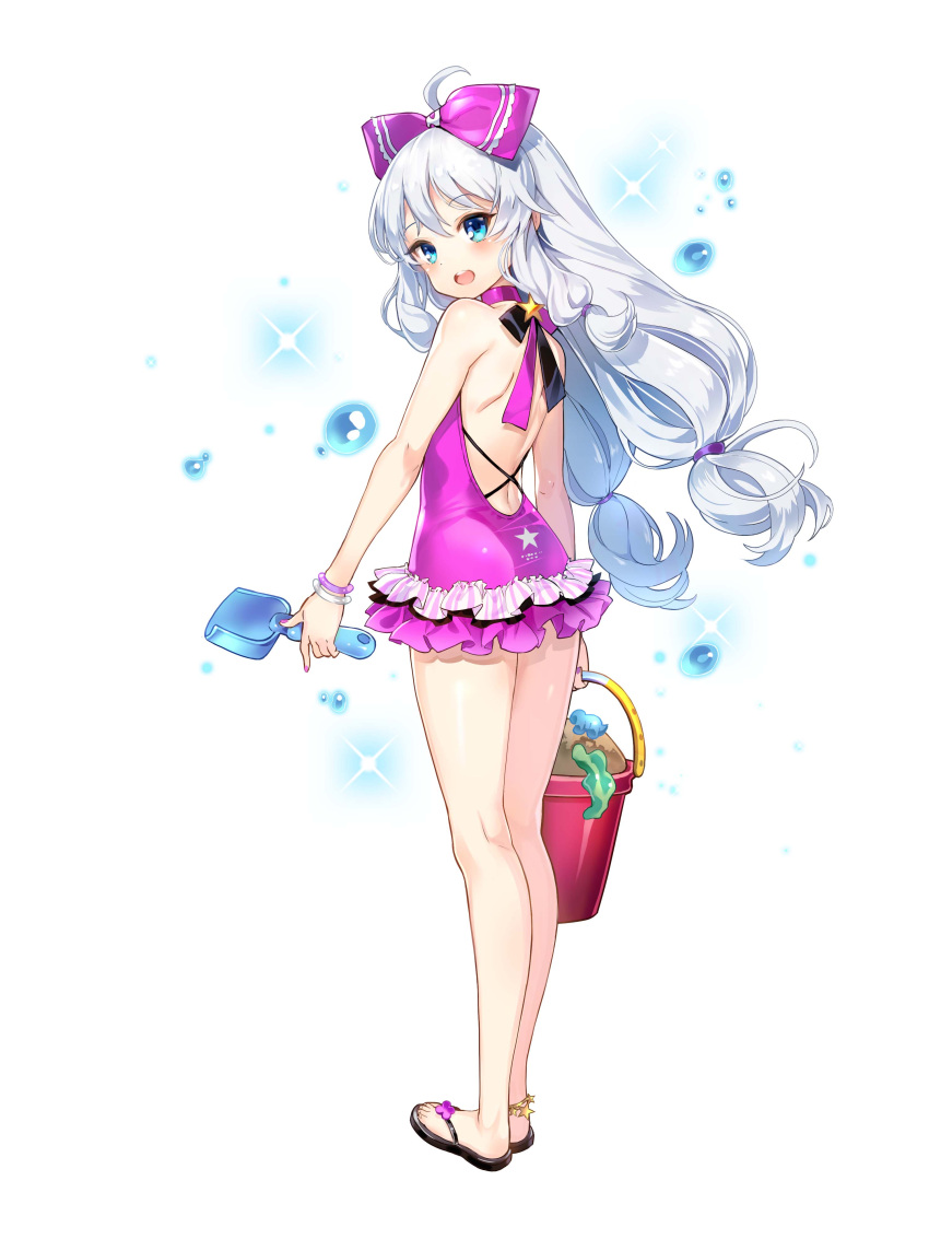 1girl absurdres bangs blue_eyes bucket hair_ribbon highres long_hair looking_at_viewer one-piece_swimsuit ribbon smile soul_worker stella_unibell swimsuit twintails white_hair