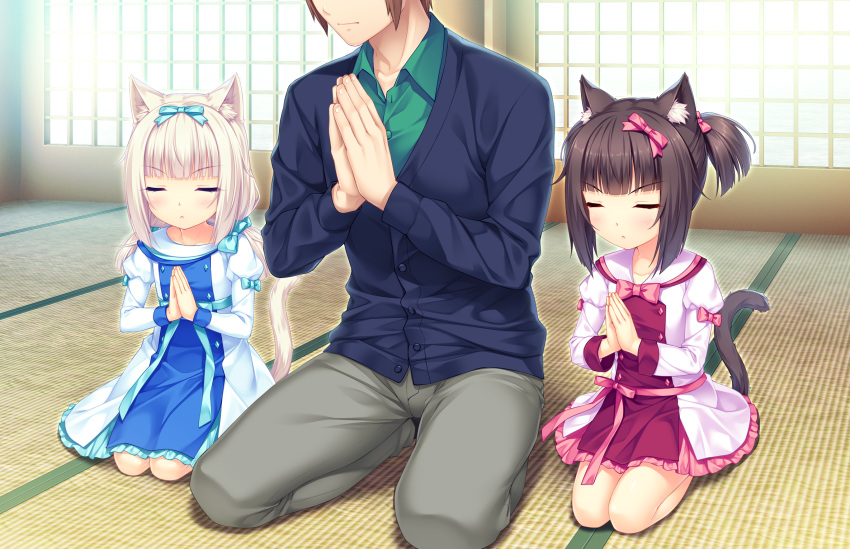 1boy 2girls animal_ears black_hair blush bow brown_hair cat_ears cat_tail chocola_(sayori) closed_eyes dress eyebrows_visible_through_hair game_cg hair_bow hands_together highres indoors kneeling long_hair minazuki_kashou multiple_girls nekopara praying sayori short_hair tail twintails vanilla_(sayori) white_hair