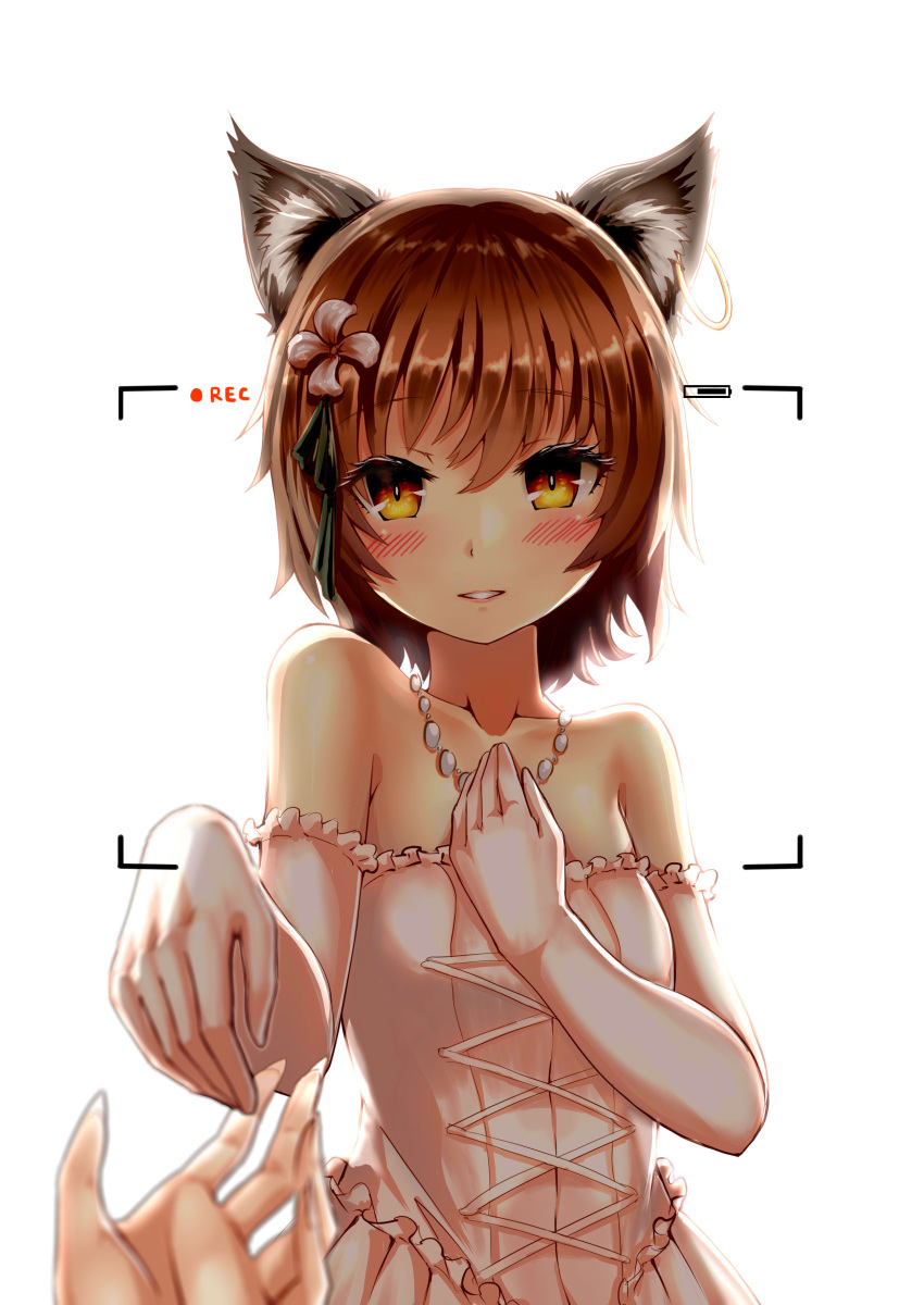 1girl absurdres alternate_costume animal_ears bare_shoulders blush brown_hair c.rabbit cat_ears chen dress earrings elbow_gloves eyebrows_visible_through_hair flower gloves hair_flower hair_ornament highres jewelry light_smile looking_at_viewer necklace recording short_hair simple_background solo_focus touhou wedding_dress white_background white_gloves yellow_eyes