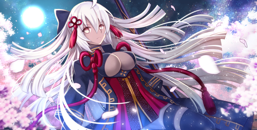 1girl black_bow black_coat bow breasts cherry_blossoms cleavage cleavage_cutout dark_skin fate/grand_order fate_(series) hair_between_eyes hair_bow large_breasts long_hair moon night night_sky nozomi_fuuten okita_souji_(alter)_(fate) okita_souji_(fate)_(all) red_scarf scarf sky solo tassel white_eyes white_hair