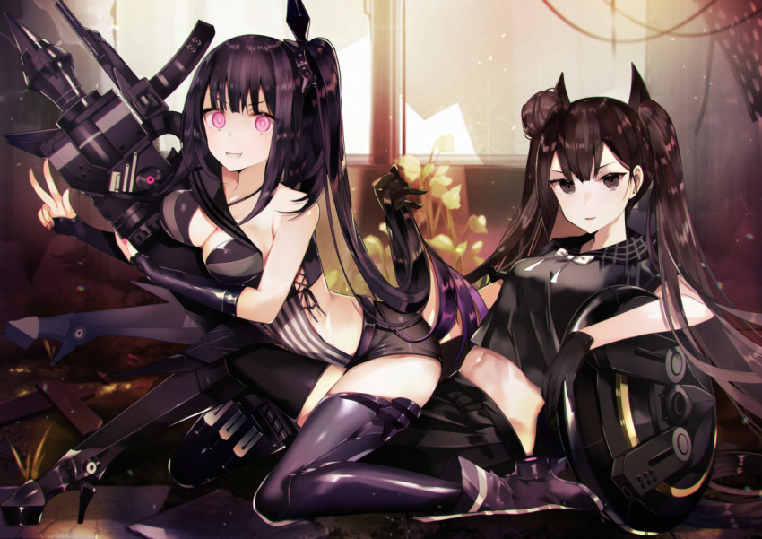 2girls architect_(girls_frontline) asymmetrical_clothes bangs bare_shoulders black_footwear black_gloves black_legwear black_sailor_collar black_serafuku black_shirt black_shorts black_skirt boots bow breast_press breasts brown_eyes brown_hair cleavage commentary_request evil_grin evil_smile eyebrows_visible_through_hair girls_frontline gloves grin hair_bun high_heel_boots high_heels indoors knee_boots long_hair looking_at_viewer medium_breasts multiple_girls object_hug ouroboros_(girls_frontline) parted_lips pink_eyes pleated_skirt purple_footwear purple_hair purple_legwear reclining sailor_collar sangvis_ferri school_uniform serafuku shirt short_shorts short_sleeves shorts side_bun skirt smile striped tetsubuta thigh-highs twintails v-shaped_eyebrows vertical_stripes very_long_hair weapon white_bow window