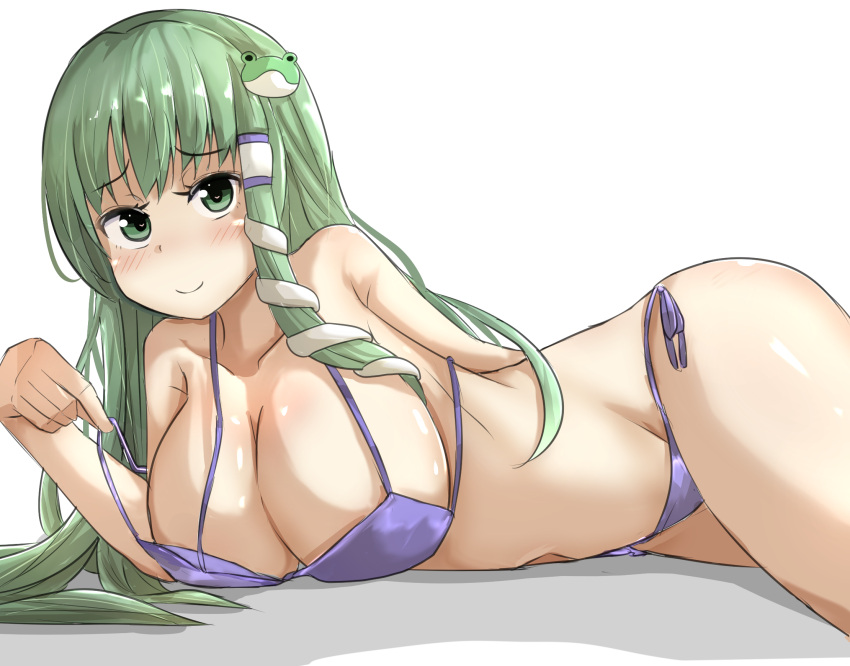 1girl arm_behind_back bare_arms bare_shoulders bikini blush breasts cleavage collarbone eyebrows_visible_through_hair frog_hair_ornament green_eyes green_hair groin hair_ornament hair_ornament_removed hair_tubes highres kochiya_sanae large_breasts long_hair looking_at_viewer lying on_side purple_bikini satinuhe side-tie_bikini sidelocks simple_background smile snake_hair_ornament solo swimsuit touhou untying white_background