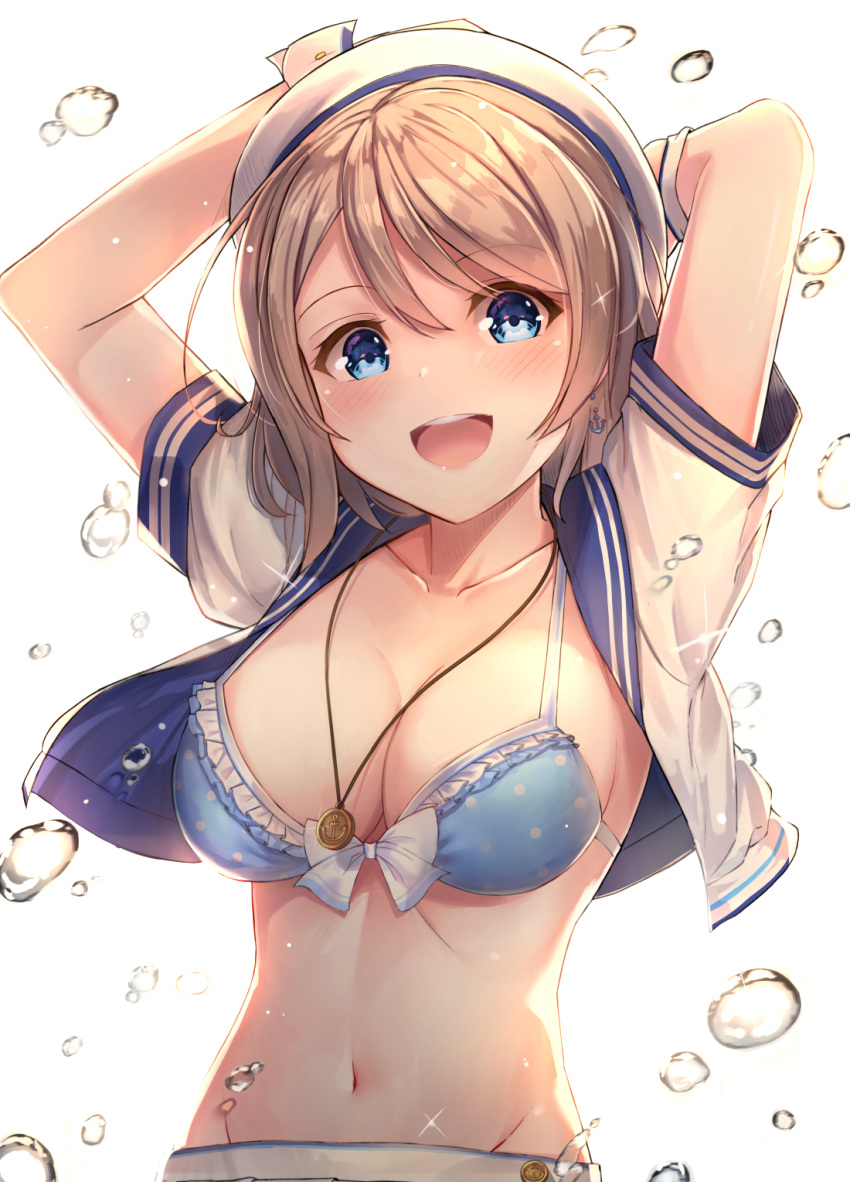 1girl :d anchor_earrings arms_behind_head bangs bikini blue_bikini blue_eyes blush bow_bikini breasts brown_hair cleavage collarbone commentary crop_top earrings eyebrows_visible_through_hair groin hair_between_eyes hair_ornament hat head_tilt highres jewelry large_breasts looking_at_viewer love_live! love_live!_sunshine!! medium_breasts motokonut navel necklace open_clothes open_mouth polka_dot polka_dot_bikini short_hair sidelocks simple_background smile solo sparkle stomach swimsuit upper_teeth watanabe_you water_drop white_background