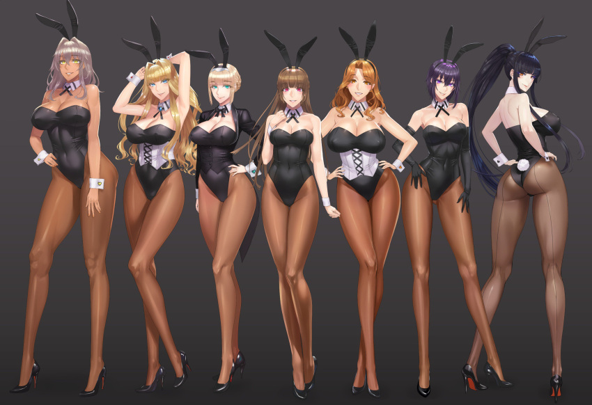 6+girls animal_ears aqua_eyes arm_at_side arms_behind_head arms_up ass bangs bare_arms bare_shoulders black_footwear black_gloves black_hair black_jacket black_leotard blonde_hair blue_eyes blunt_bangs blush bow bowtie braid breasts brown_eyes brown_hair brown_legwear bunny_girl bunnysuit cleavage coattails collarbone commentary corset covered_navel curvy daglasses dark_skin detached_collar earrings elbow_gloves erect_nipples eyebrows_visible_through_hair eyelashes fake_animal_ears french_braid from_side full_body gloves grey_background grey_hair grin hair_intakes hairband hand_on_hip hand_on_own_chest hand_up hands_on_hips head_tilt high_heels highleg highleg_leotard highres hips huge_ass huge_breasts jacket jewelry large_breasts legs leotard lips long_hair looking_at_viewer multiple_girls neck_ribbon original pale_skin pantyhose ponytail purple_hair rabbit_ears red_eyes ribbon short_hair sideboob sidelocks simple_background smile standing straight_hair strapless strapless_leotard thick_thighs thighs tied_hair tsurime underbust upper_body violet_eyes waist wide_hips wing_collar wrist_cuffs yellow_eyes