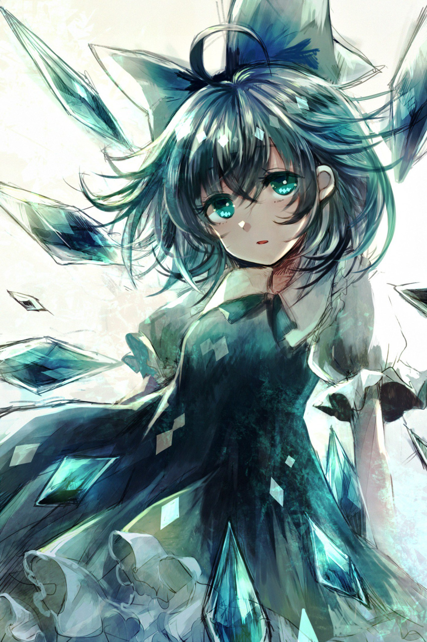 1girl ahoge blue_dress blue_eyes blue_hair blue_neckwear blue_ribbon breasts cirno cowboy_shot dress eyebrows_visible_through_hair frilled_shirt_collar frills hair_between_eyes highres ice ice_wings looking_at_viewer maho_moco messy_hair neck_ribbon parted_lips petticoat puffy_short_sleeves puffy_sleeves ribbon short_hair short_sleeves simple_background sketch small_breasts solo touhou white_background wings