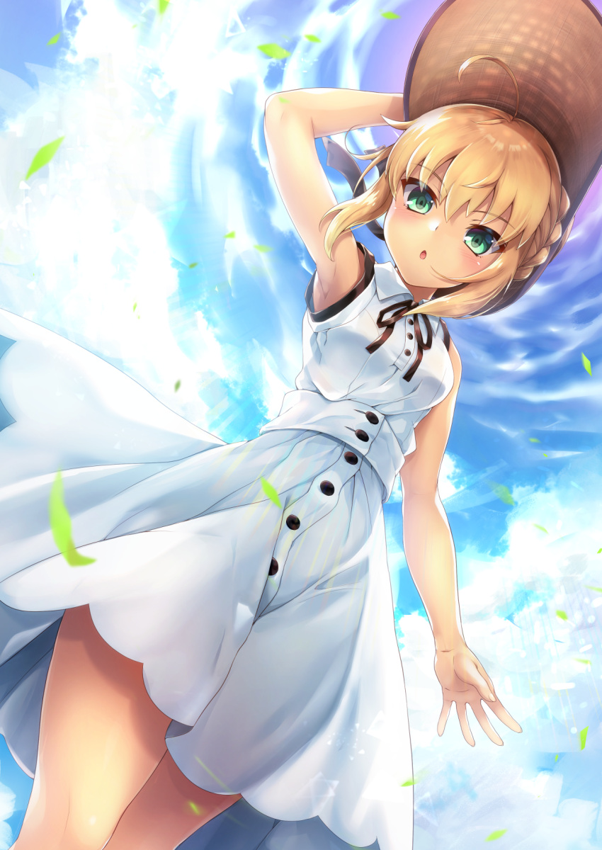 1girl :o ahoge alternate_costume arm_at_side armpits artoria_pendragon_(all) bare_arms blonde_hair braid casual clouds cloudy_sky commentary_request contemporary dress dutch_angle eyebrows_visible_through_hair eyes_visible_through_hair fate/grand_order fate/stay_night fate_(series) french_braid from_below green_eyes hair_bun hat highleg highleg_dress highres holding holding_hat looking_at_viewer open_mouth saber samoore sidelocks sky sleeveless sleeveless_dress solo sun_hat white_dress wind