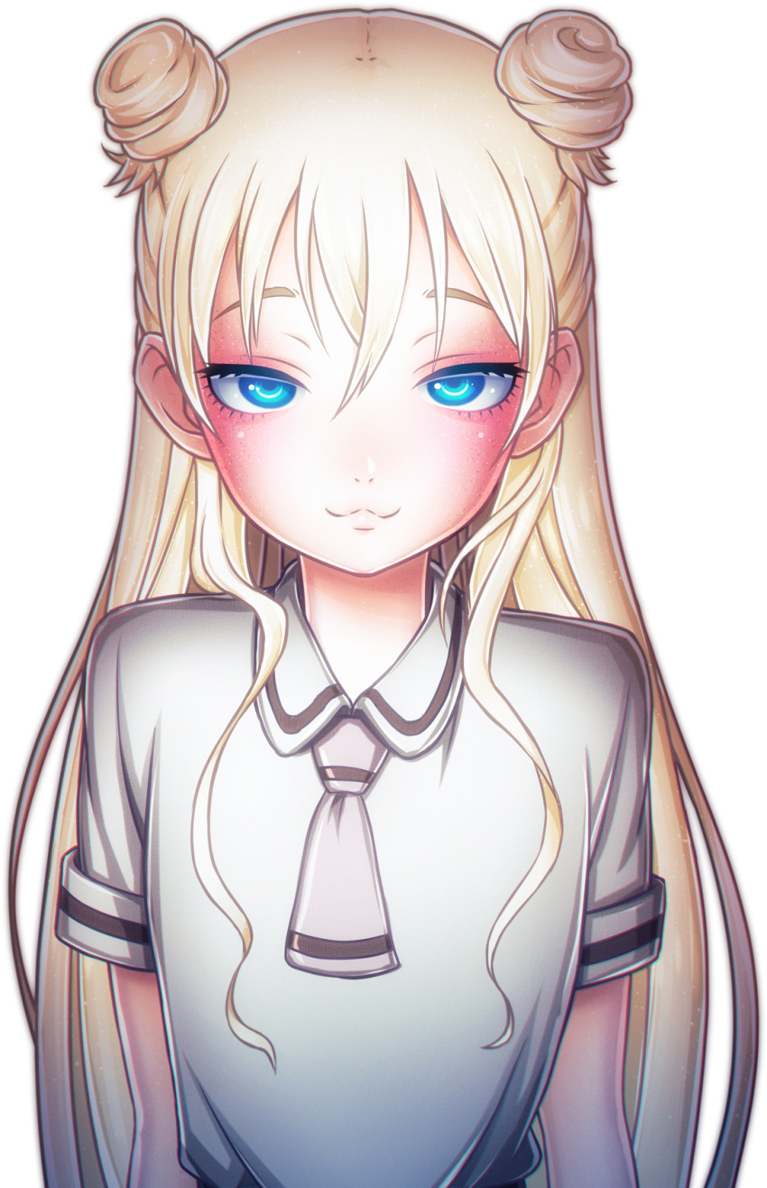 1girl :3 arms_at_sides asobi_asobase black_skirt blonde_hair blue_eyes blush closed_mouth collared_shirt double_bun eyebrows_visible_through_hair highres long_hair looking_at_viewer necktie olivia_(asobi_asobase) shirt short_sleeves skirt solo tsiox white_background white_shirt wing_collar