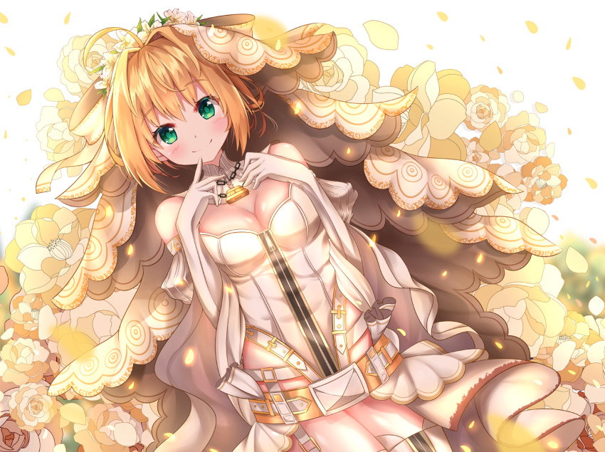 1girl ahoge bangs bare_shoulders blonde_hair blush breasts chains cleavage closed_mouth commentary_request detached_sleeves elbow_gloves eyebrows_visible_through_hair fate/extra fate/extra_ccc fate/grand_order fate_(series) flower full-length_zipper gloves hair_between_eyes hair_flower hair_intakes hair_ornament hands_up leotard lock lokyin_house medium_breasts nero_claudius_(bride)_(fate) nero_claudius_(fate)_(all) padlock petals puffy_short_sleeves puffy_sleeves short_hair short_sleeves smile solo thigh-highs veil white_background white_flower white_gloves white_legwear white_leotard zipper
