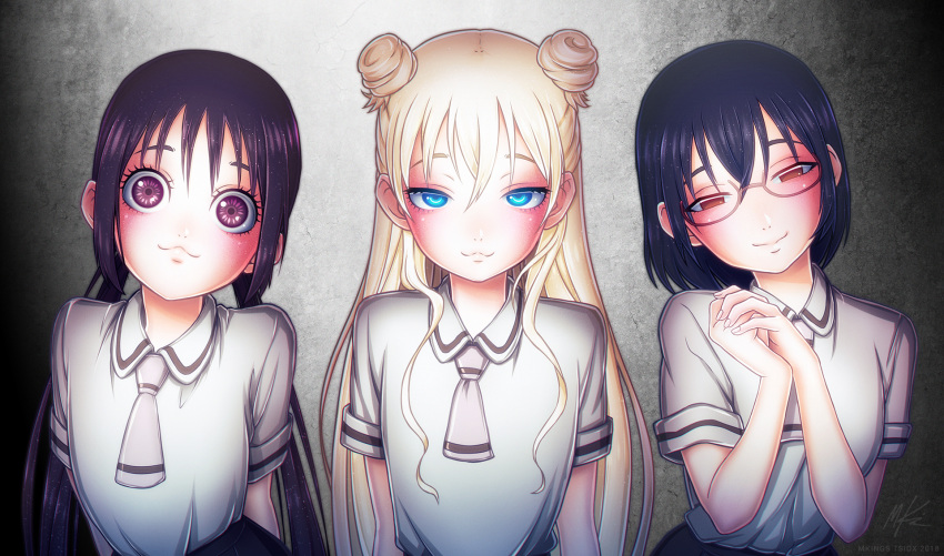 2018 3girls :3 arms_at_sides artist_name asobi_asobase black_hair black_skirt blonde_hair blue_eyes blush breasts brown_eyes closed_mouth collared_shirt commentary double_bun eyebrows_visible_through_hair glasses head_tilt highres honda_hanako large_breasts long_hair looking_at_viewer low_twintails multiple_girls necktie nomura_kasumi number olivia_(asobi_asobase) own_hands_together pleated_skirt school_uniform semi-rimless_eyewear shirt short_sleeves signature skirt smile tsiox twintails under-rim_eyewear violet_eyes white_shirt wing_collar