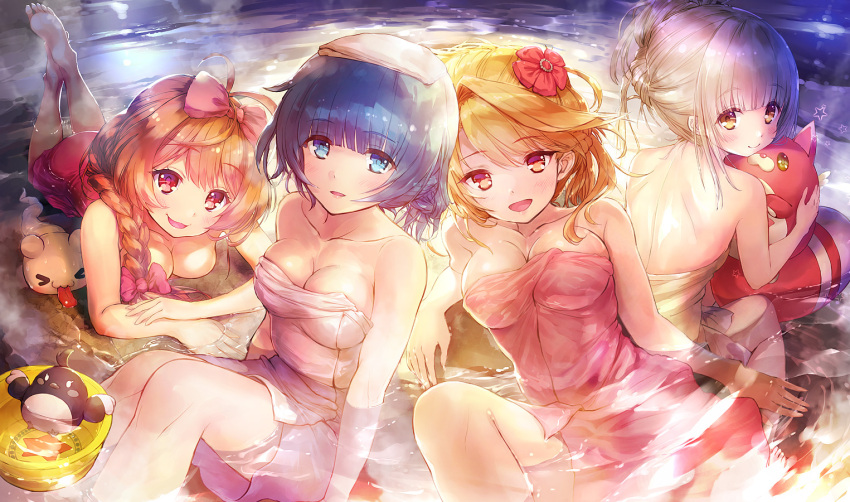 &gt;_&lt; 4girls :d animal bangs bare_arms bare_shoulders blue_eyes blue_hair blush bow braid breasts brown_hair character_request cleavage closed_eyes closed_mouth collarbone commentary_request ek_masato eyebrows_visible_through_hair flower hair_between_eyes hair_bow hair_flower hair_ornament hoshi_tanuki_(shironeko_project) light_brown_hair lying medium_breasts multiple_girls naked_towel night on_stomach open_mouth outdoors partially_submerged pink_bow red_eyes red_flower rouche_(shironeko_project) shironeko_project side_braid single_braid smile star tanuki tongue tongue_out towel towel_on_head washpan water